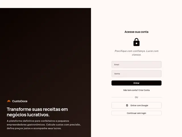 Interface da plataforma CustoDoce